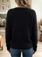 Women's Black Crew Neck Knit Sweater with Silver Sequin Diamond Rhinestone Applique
