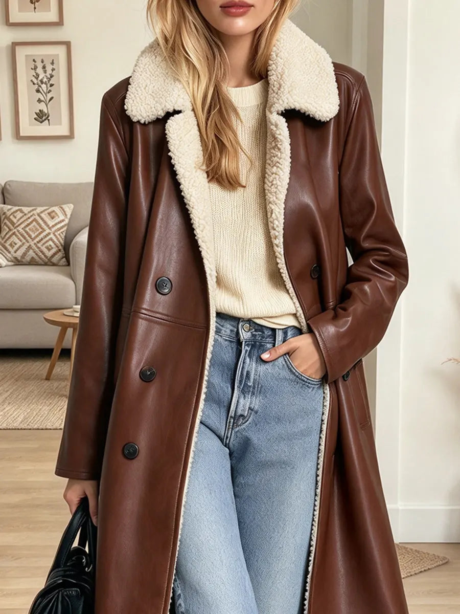 Retro Chic Lapel Fleece Leather Art Casual Stylish Long Sleeve Coat