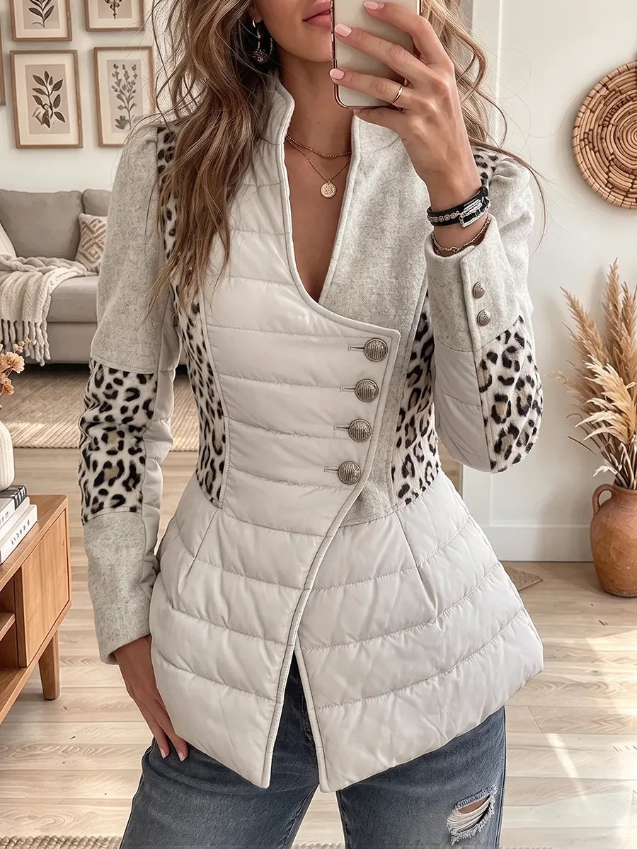 Vintage Elegant Leopard Print Patchwork Quilted Winter Jacket