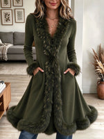 Women's Olive Green Knit Long Coat with Plush Faux Fur Trim and Pockets