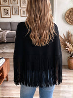 Women's Black Mock Neck Knit Poncho Sweater with Fringe Hem