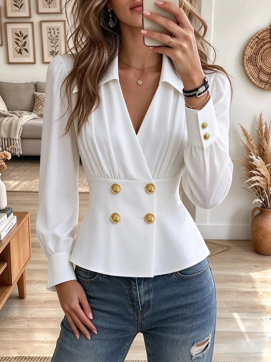 Women's V Neck Collared Peplum Blouse