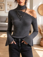 Retro Elegant Asymmetrical Cutout Turtleneck Knit Art Casual Stylish Long Sleeve Sweater