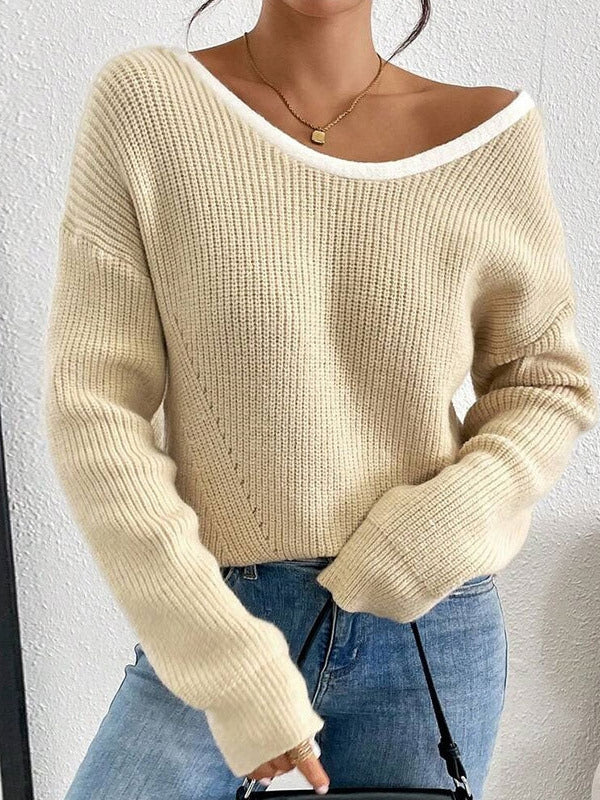 Women's Beige Knit Sweater with Open Back V-Neck and Dual Chiffon Bows