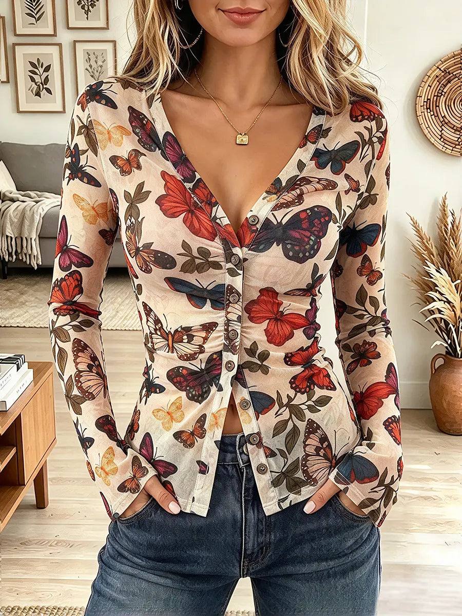 Vintage Elegant Sheer Mesh Butterfly Print Shirt