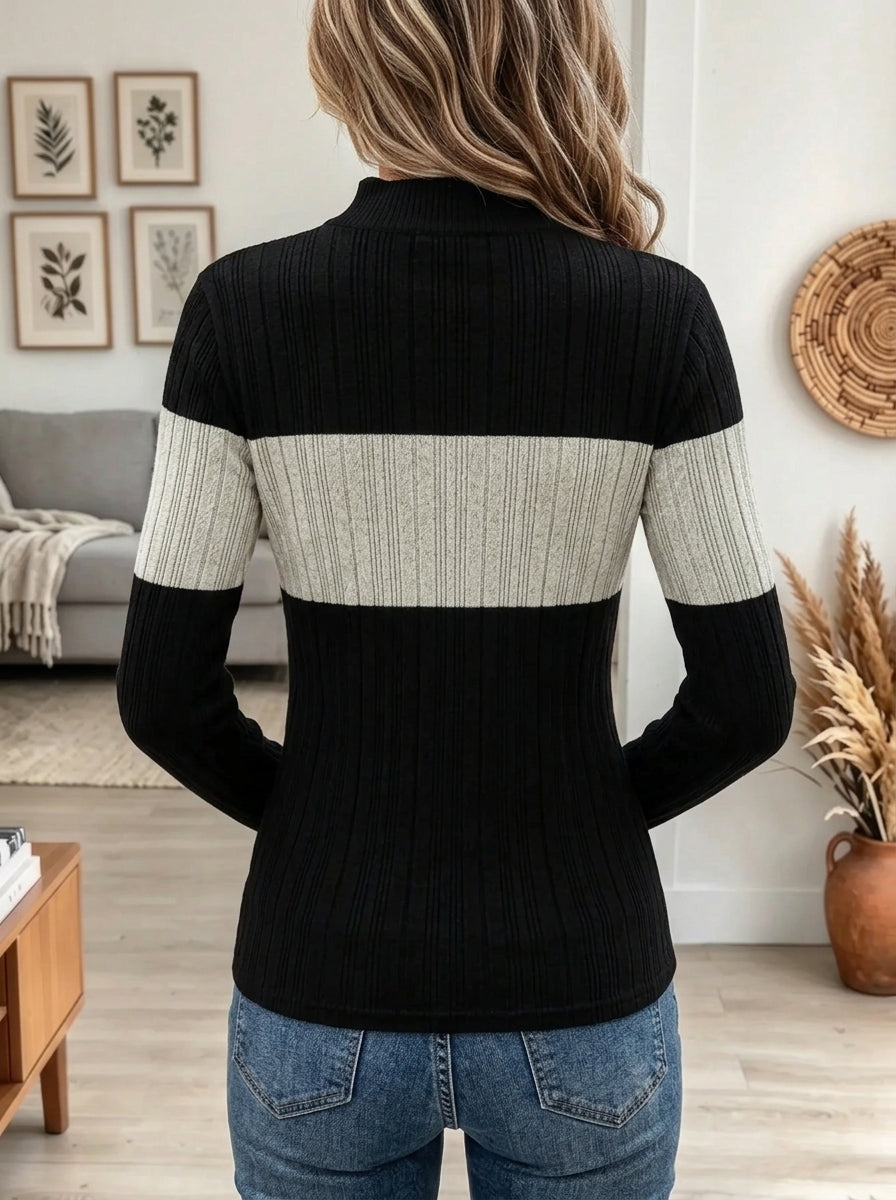 Women's Colorblock Striped Half-Zip Ribbed Knit Top