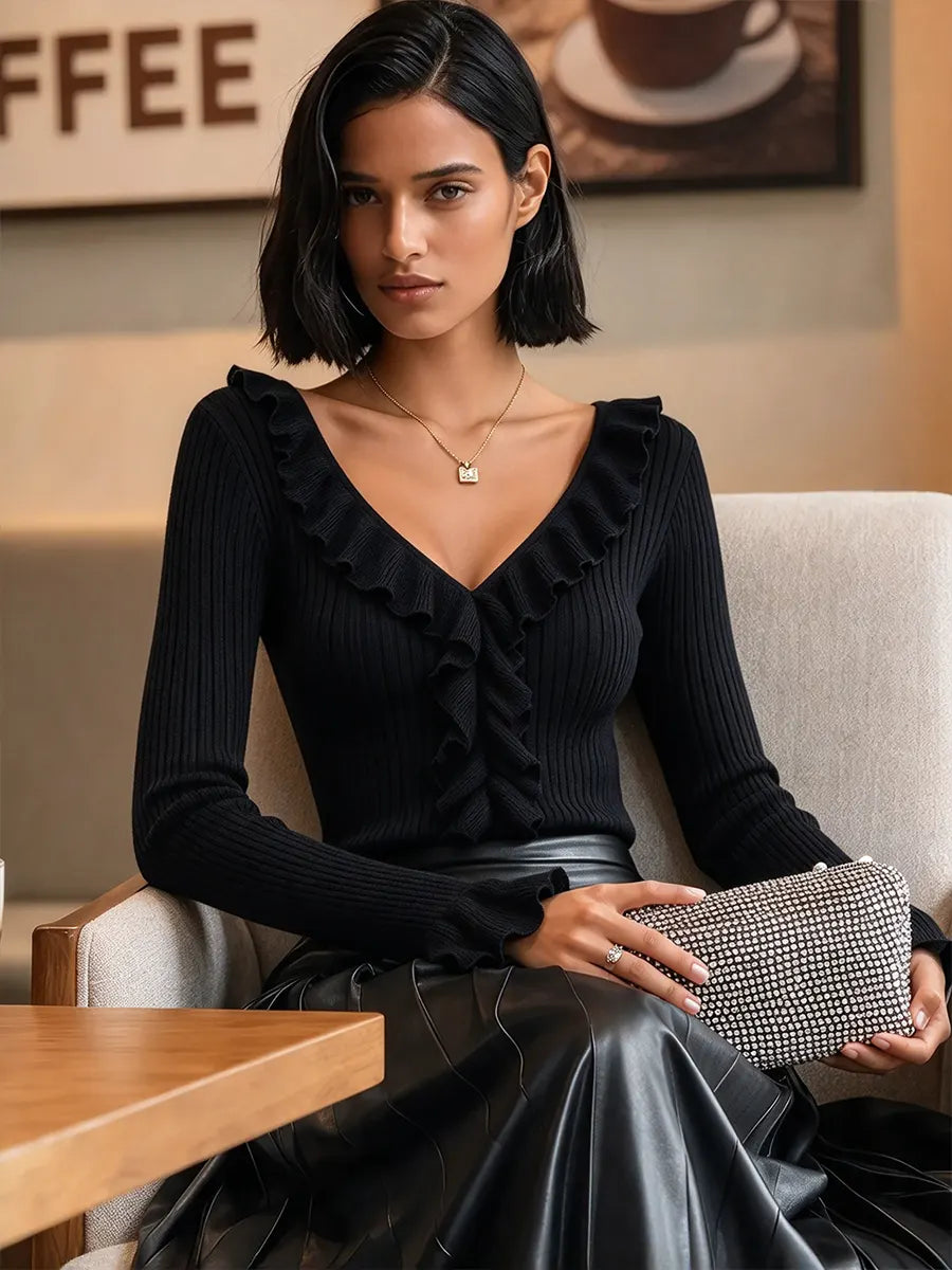 Women's Ruffle V Neck Ribbed Knit Top
