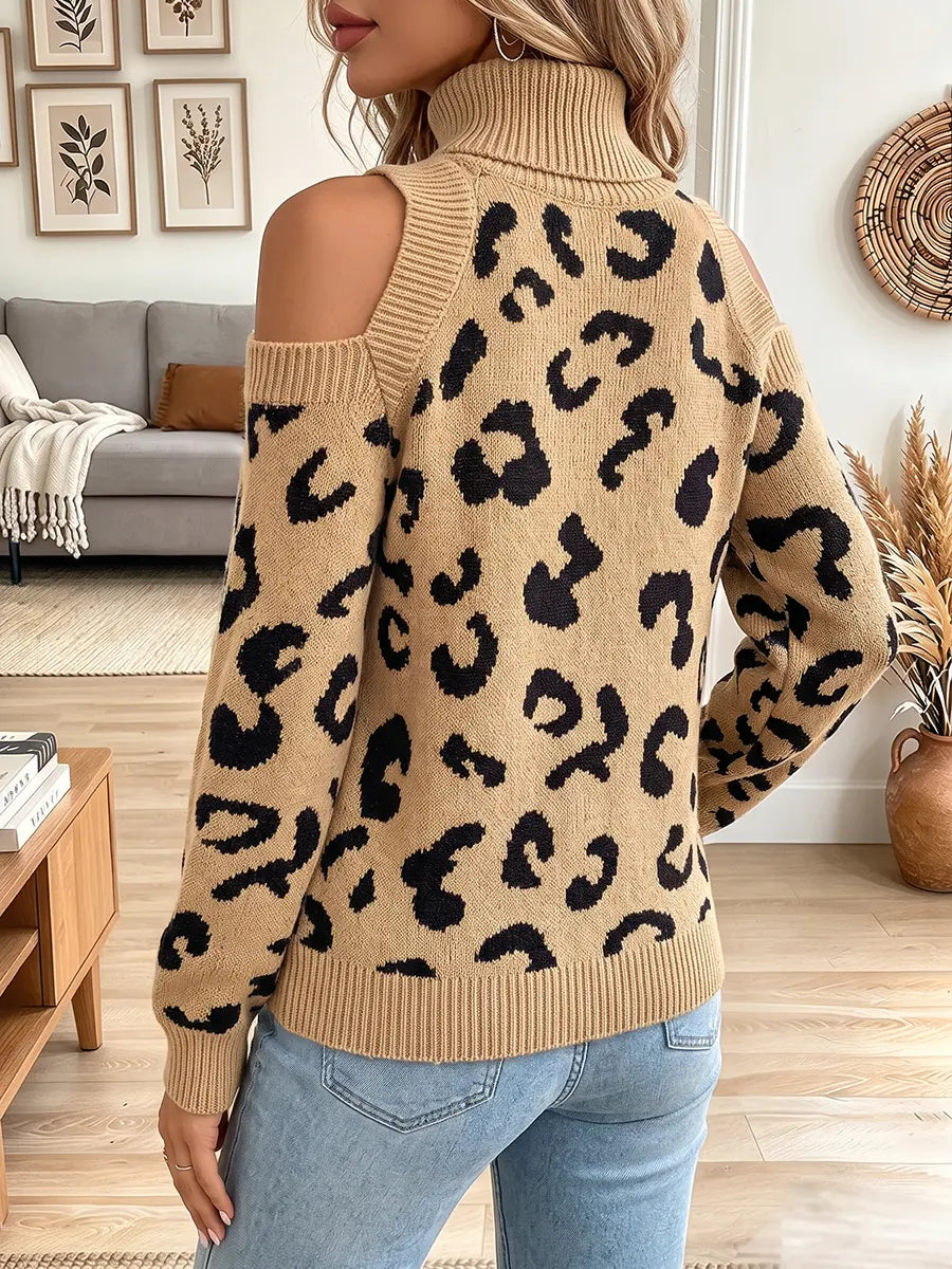 Vintage Elegant Leopard Off-the-shoulder Knit Sweater