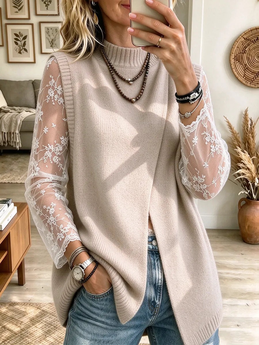 Women's Mock-neck Knit Vest (lace Inner Layer Not Included)