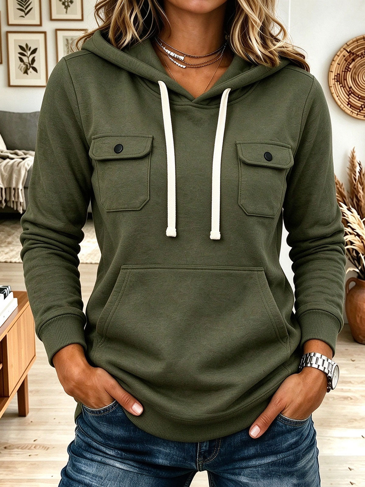 Women's Olive Green Utility Fleece Hoodie Sweatshirt with Chest Pockets