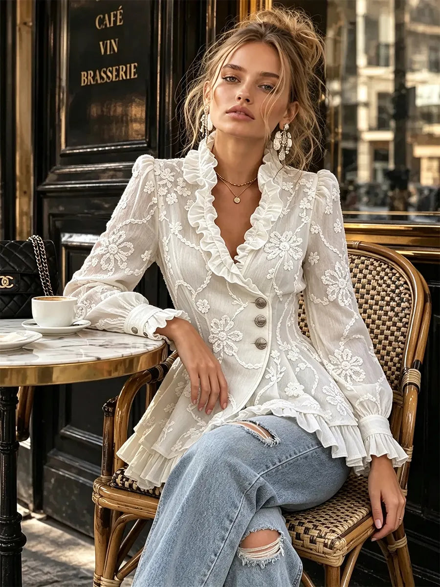 Women's Floral Embroidery Print Ruffled Peplum Blouse