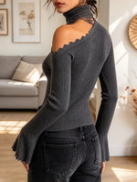 Retro Elegant Asymmetrical Cutout Turtleneck Knit Art Casual Stylish Long Sleeve Sweater
