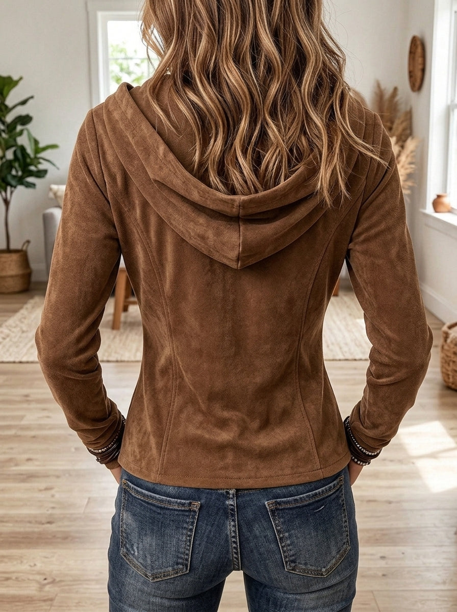Women's Brown Faux Suede Hooded Jacket with Asymmetric Button Placket