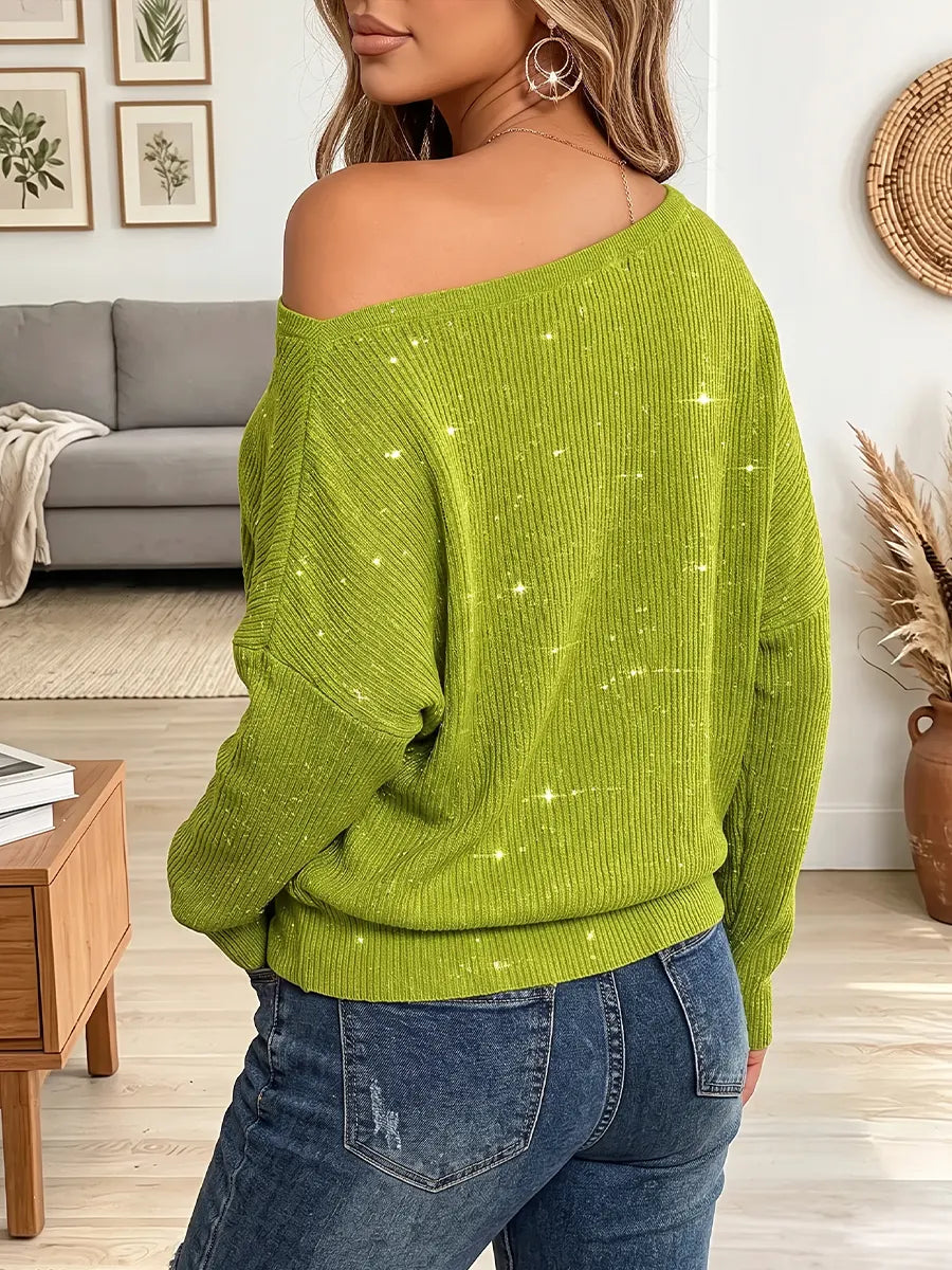Vintage Elegant Off-shoulder Sequined Loose Batwing Sleeves Shirt