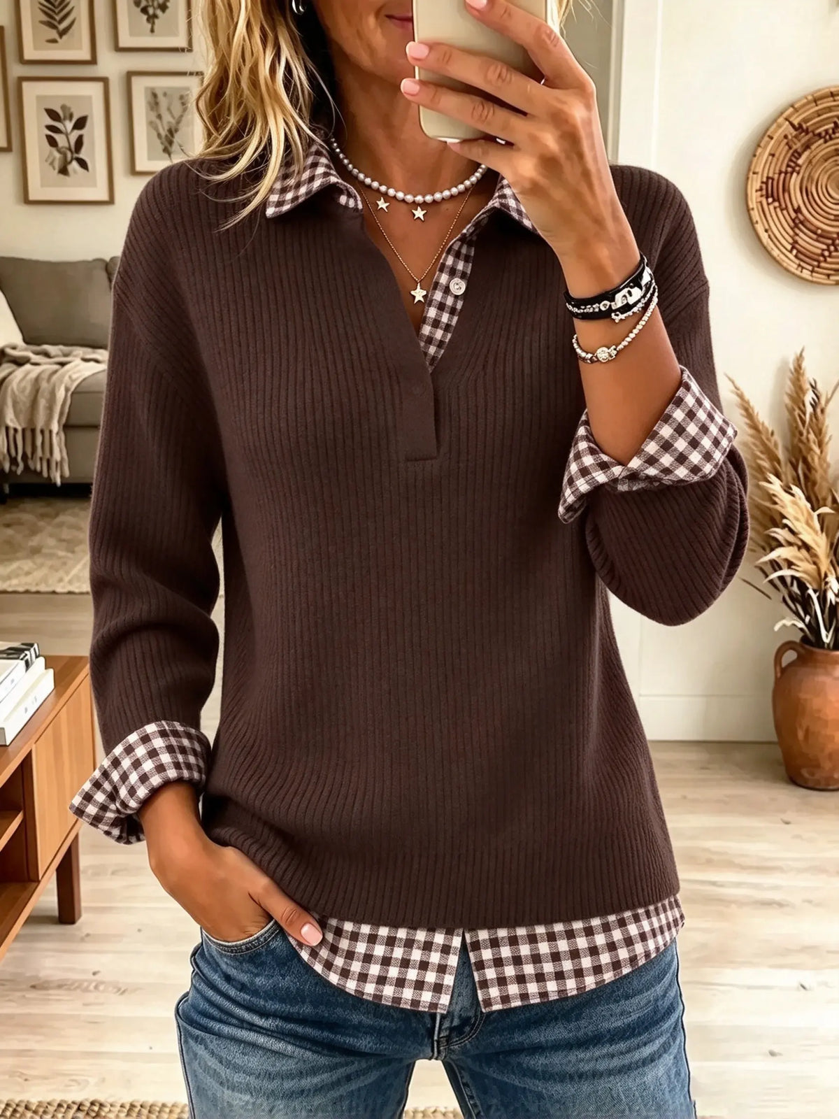 Women's Gingham Layered Collar Ribbed Knit Sweater