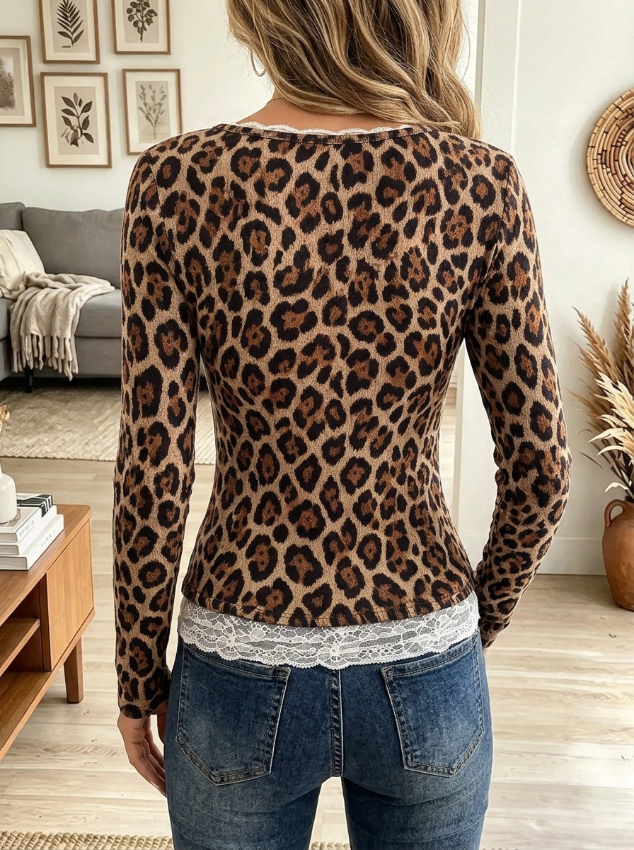 Women's Leopard Print Lace Trim Top