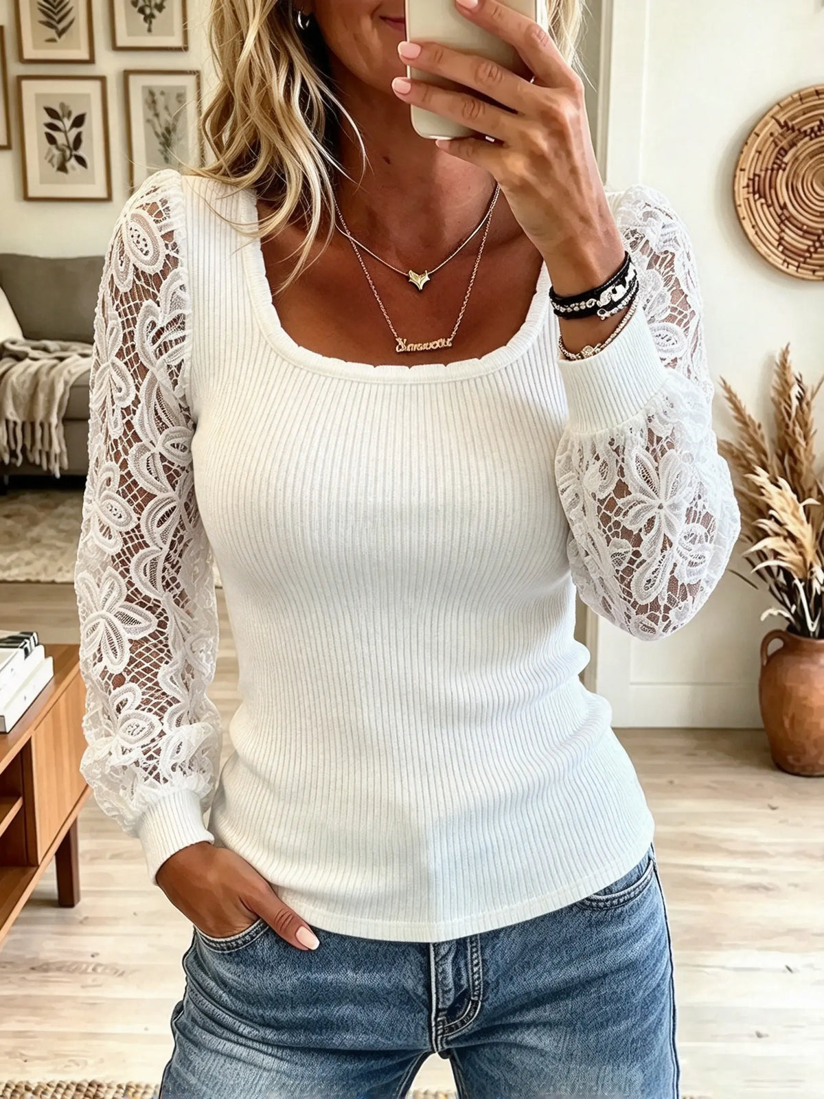 Women's Floral Lace Balloon Sleeve Ribbed Top