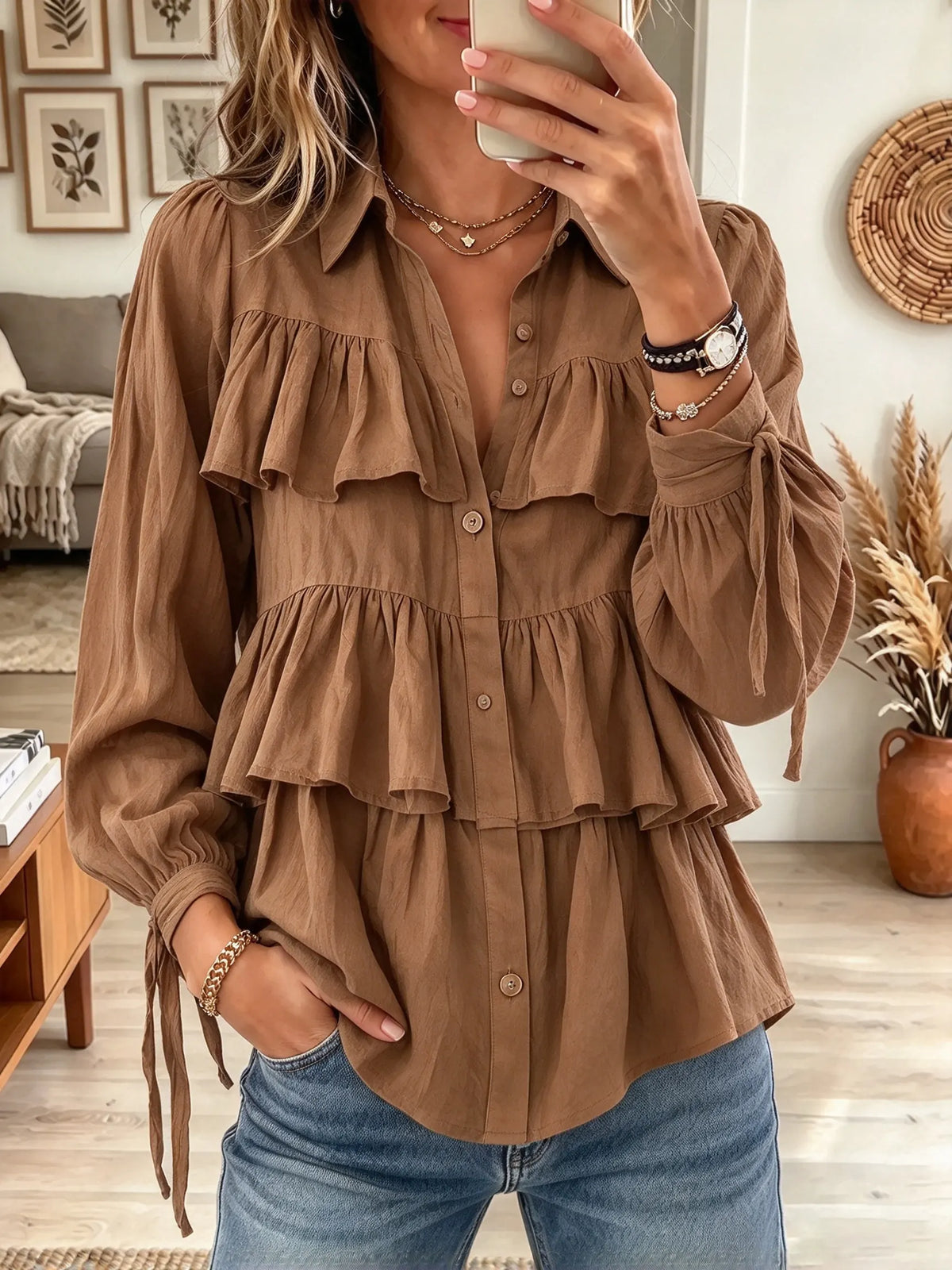 Women's Tiered Ruffle Tie-Cuff Cotton Blouse