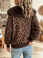Women's Leopard Faux Fur Collar Zip-Up Fleece Jacke