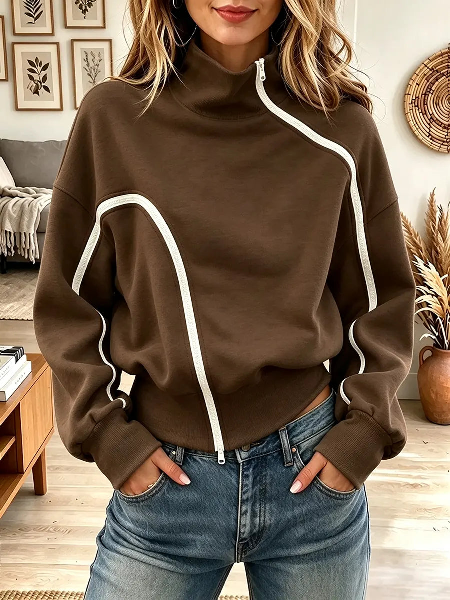 Women's Asymmetric Diagonal Zip High Neck Sweatshirt