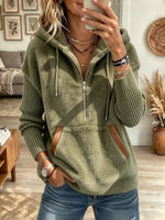 Women's Long Sleeve Rib Knit Sleeve Drawstring Hooded Sweatshirt