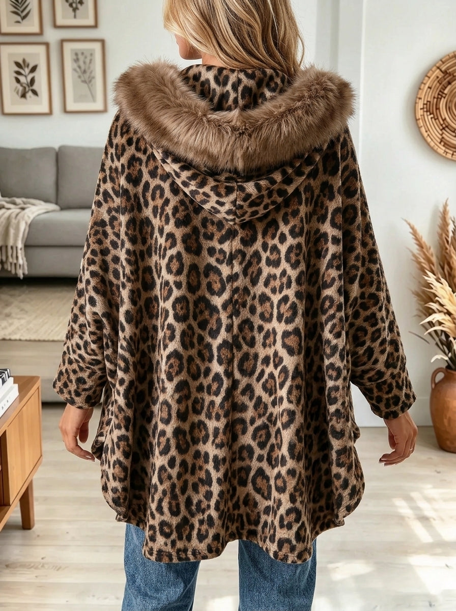 Women's Leopard Faux Fur Collar Zip Cape