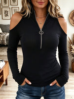 Women's Cold Shoulder Ribbed Knit Zip Up Top with O-Ring Pull Long Sleeve