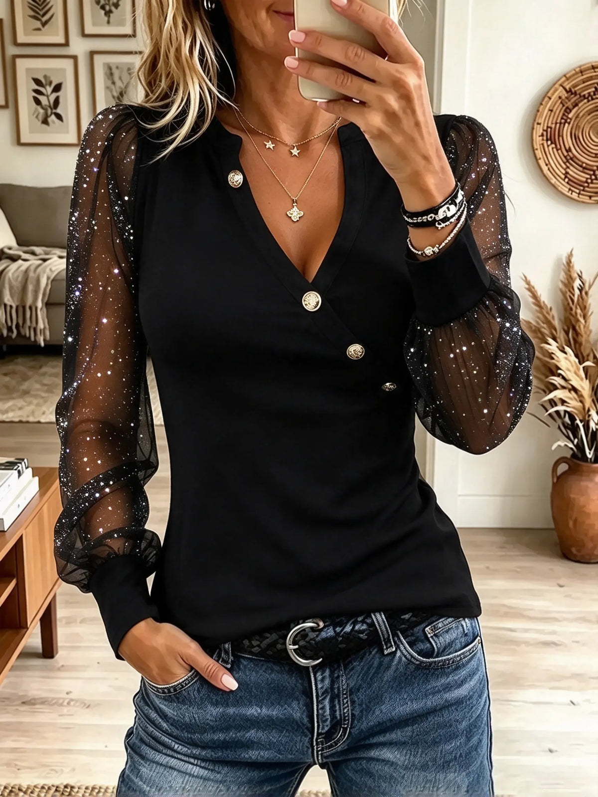 Women's Glitter Mesh Sleeve Asymmetric Button Top