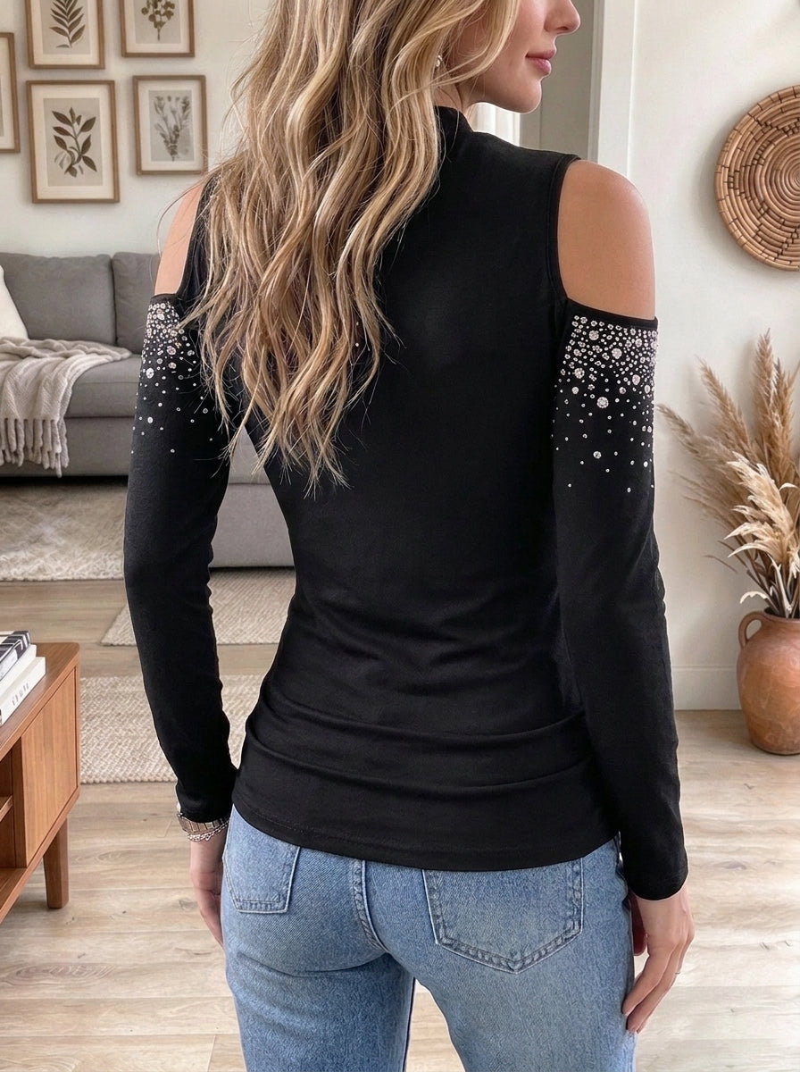 Women's Black Cold Shoulder Long Sleeve Top with Shimmer Rhinestone Embellishments