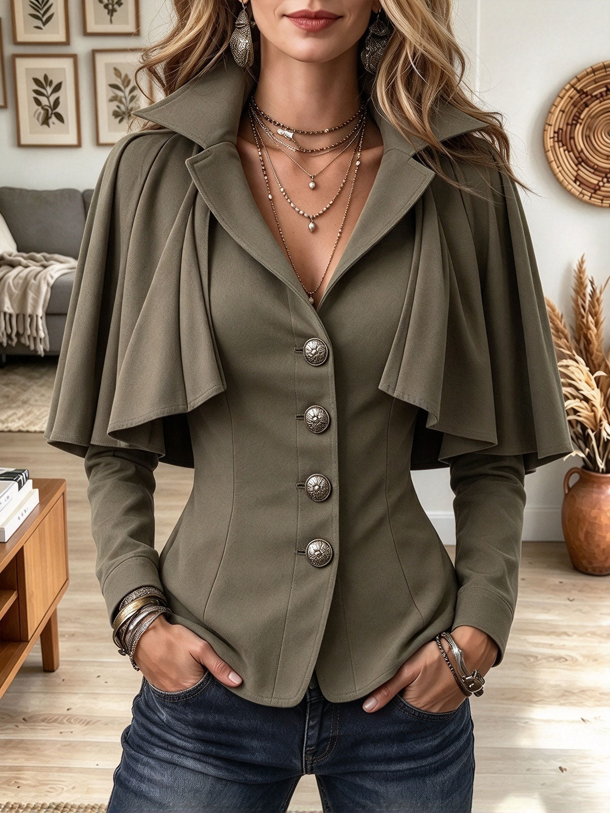 Women's Olive Green Cape-Style Blazer Jacket with Lapel Collar and Ornate Buttons