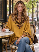 Women's Mustard Yellow Leopard Print Trim Loose Knit Shawl Wrap Pullover Top