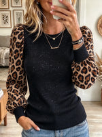 Women's Leopard Puff Sleeve Shimmer Knit Top