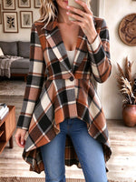 Women's Brown Plaid Asymmetric Peplum Blazer with Lapel Collar