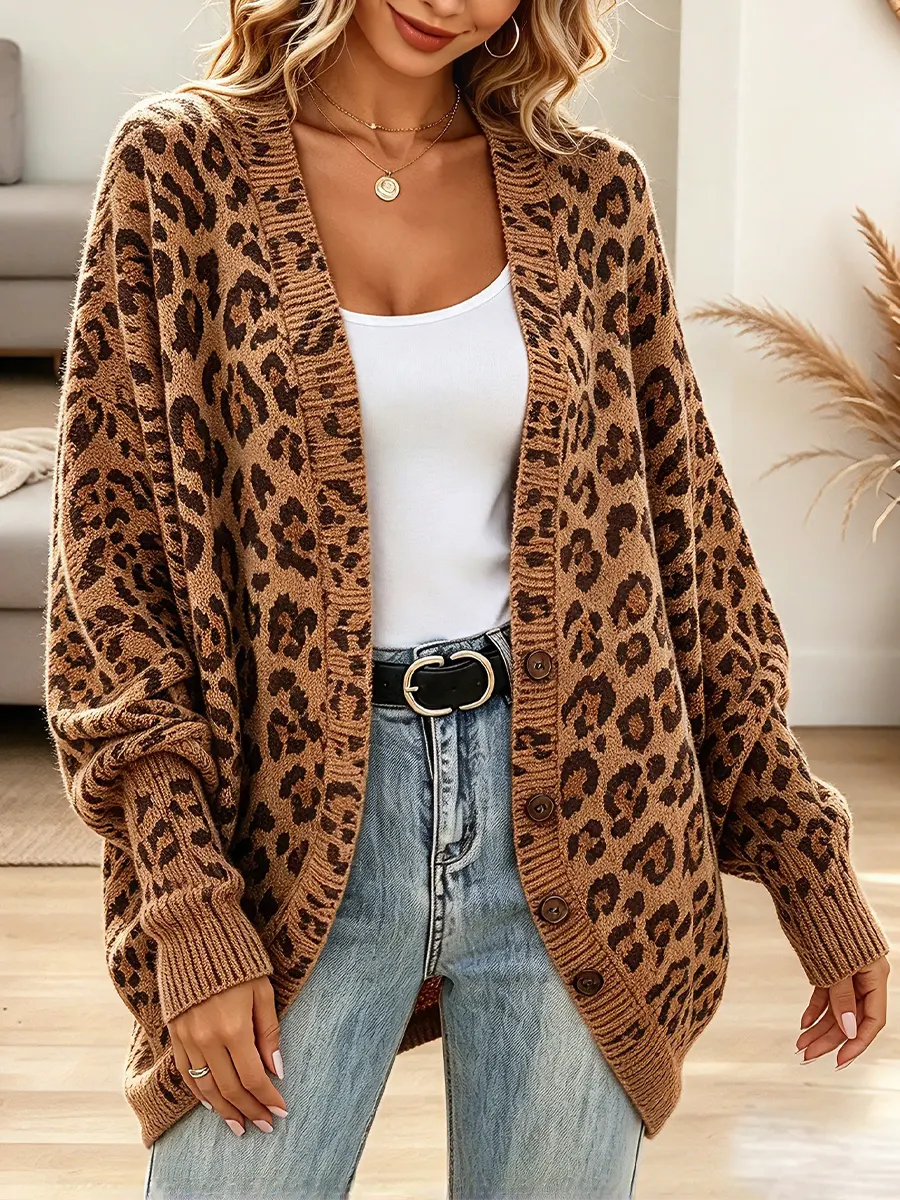 Vintage Elegant Leopard Print Sweater Jacket