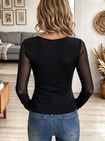 Women's Black Long Sleeve Top with Cowl Neck and Sheer Mesh Sleeves