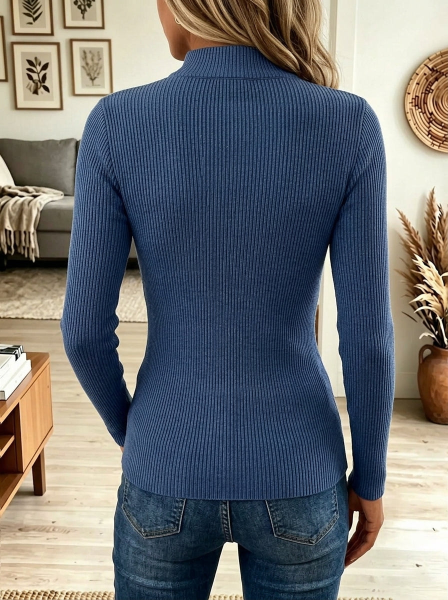 Blue Ribbed Knit Mock Neck Asymmetric Zipper Studded Top