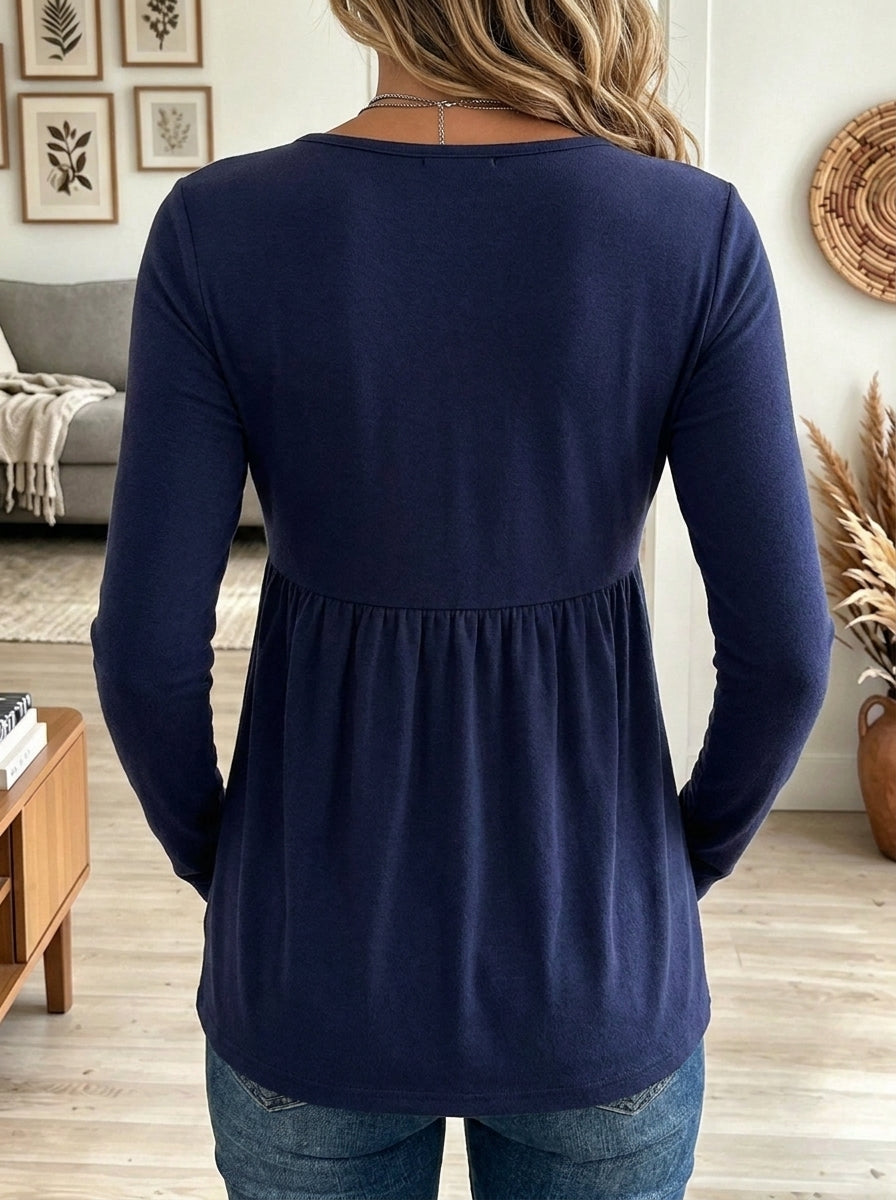 Women's Navy Blue Long Sleeve Top With Pleated Ruffled Bust And Gathered Detail