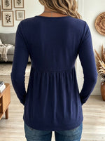 Women's Navy Blue Long Sleeve Top With Pleated Ruffled Bust And Gathered Detail