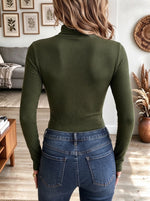 Women's Olive Green Mock Neck Ribbed Knit Top with 3D Leaf Applique