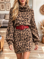 Vintage Chic Leopard Turtleneck Art Casual Knit Stylish Long Sleeve Dress