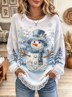 Women's Beaded Snowman Winter Graphic Print Lace Trim Top