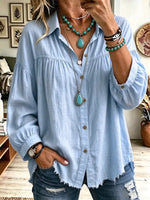 Retro Solid Color Art Lapel Casual Stylish Long Sleeve Cotton Linen Shirt