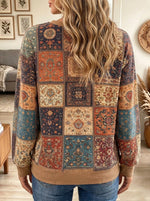 Women's Vintage Bohemian Tapestry Print Patchwork Long Sleeve Henley Sweatshirt