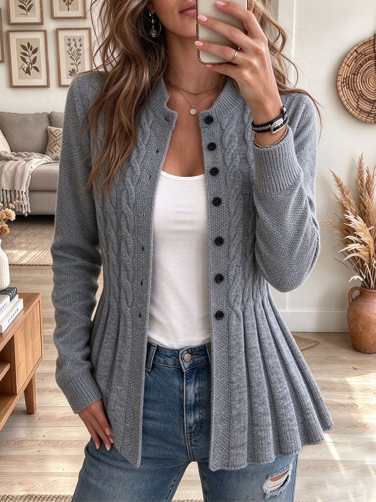 Women's Grey Cable Knit Button-Up Cardigan with Flared Peplum Hem
