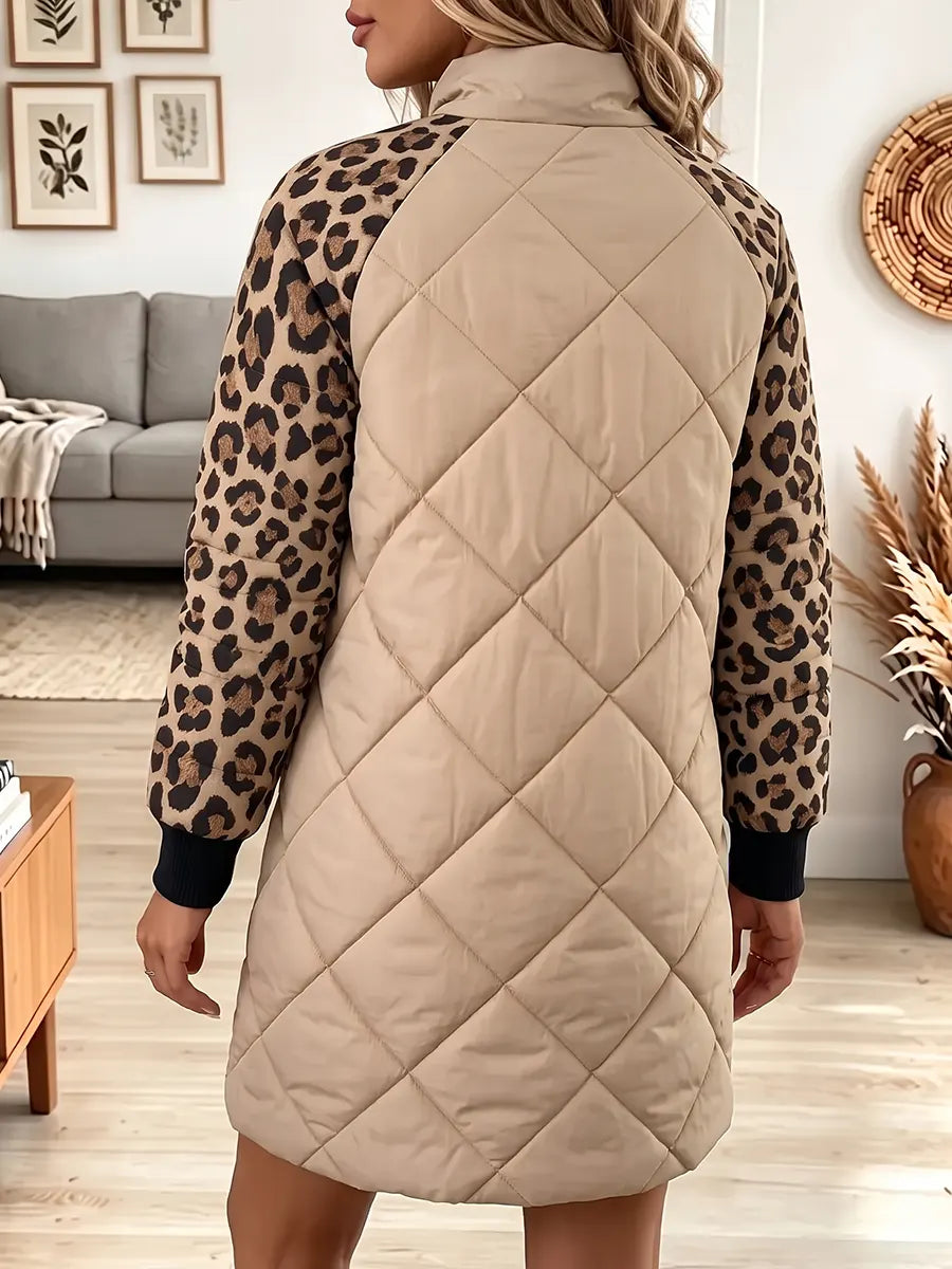 Vintage Elegant Leopard Print Patchwork Quilted Winter Dress