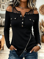 Women's Black Cold Shoulder Long Sleeve Top with Mesh Yoke and Zipper Hem