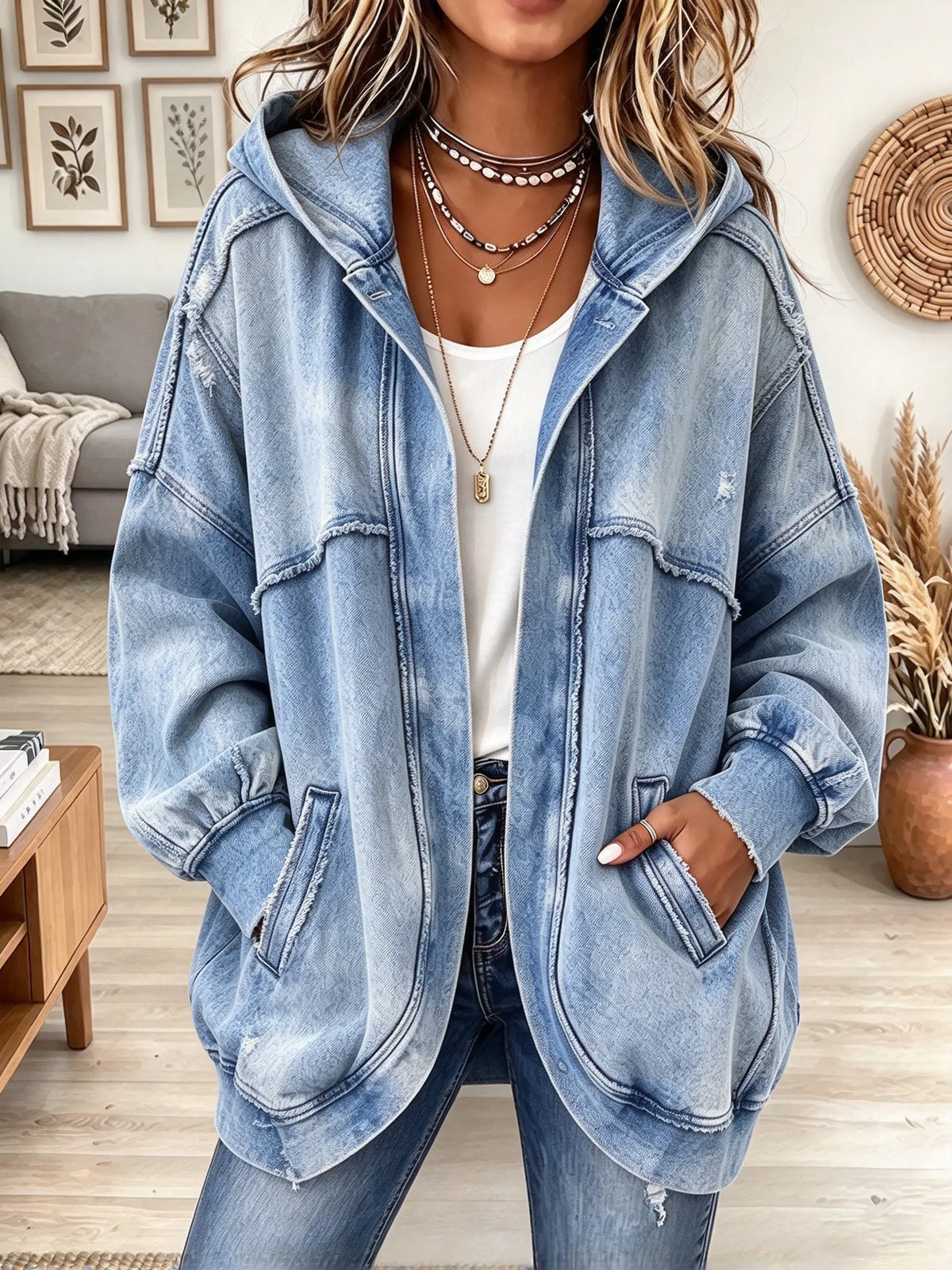 Women's Raw Edge Frayed Hooded Denim Jacket