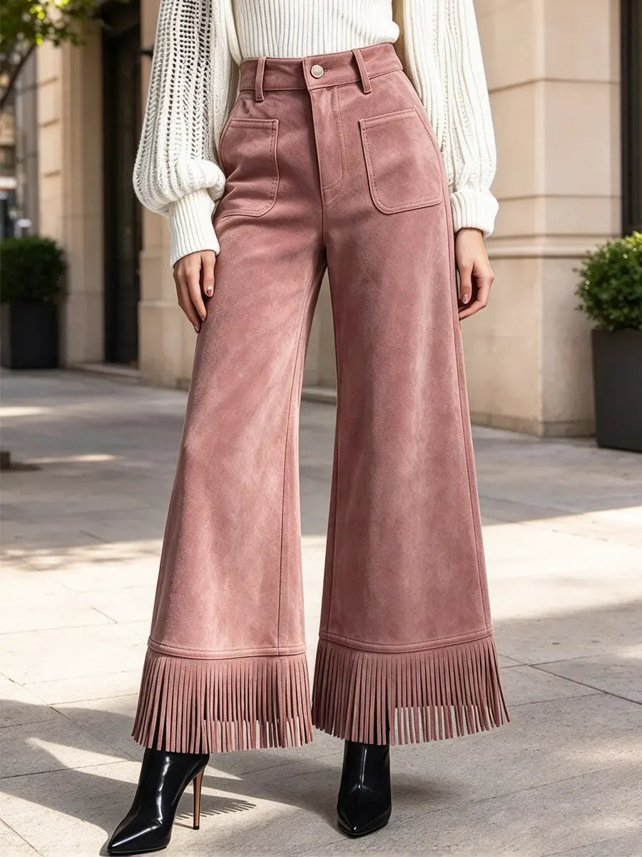 Retro Chic Fringe Loose High Waist Art Casual Stylish Suede Pants