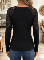 Women's Black Ribbed Knit Lace-Up V-Neck Long Sleeve Top with Crochet Lace Sleeves