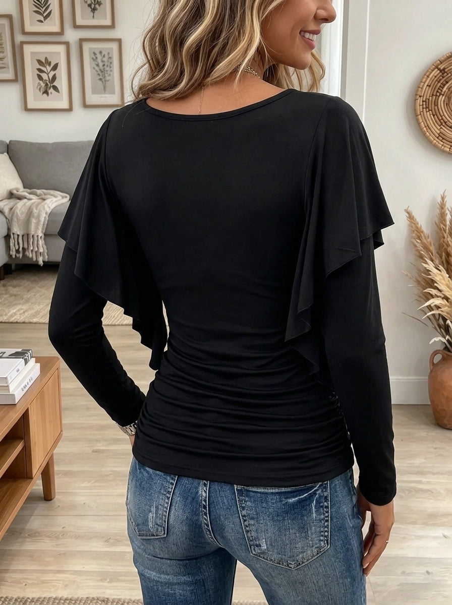 Women's Metal Ring Ruffled Long-Sleeve Top